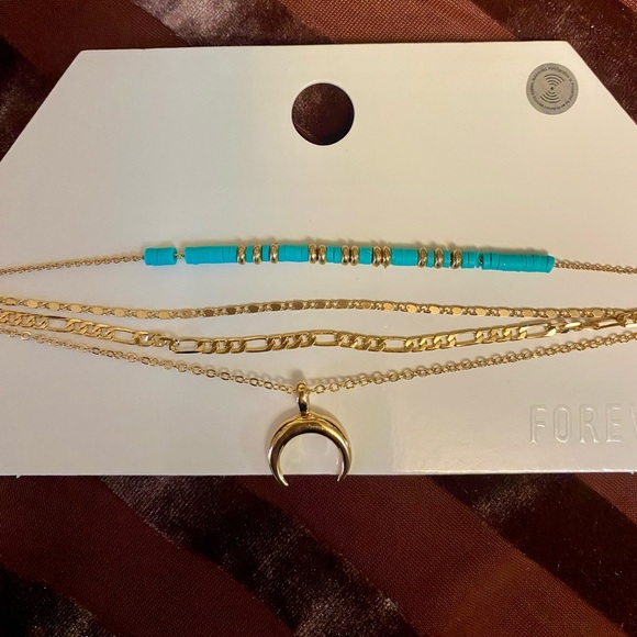 Forever21 four piece Boho Crescent moon gold and turquoise choker necklace set - Picture 2 of 2